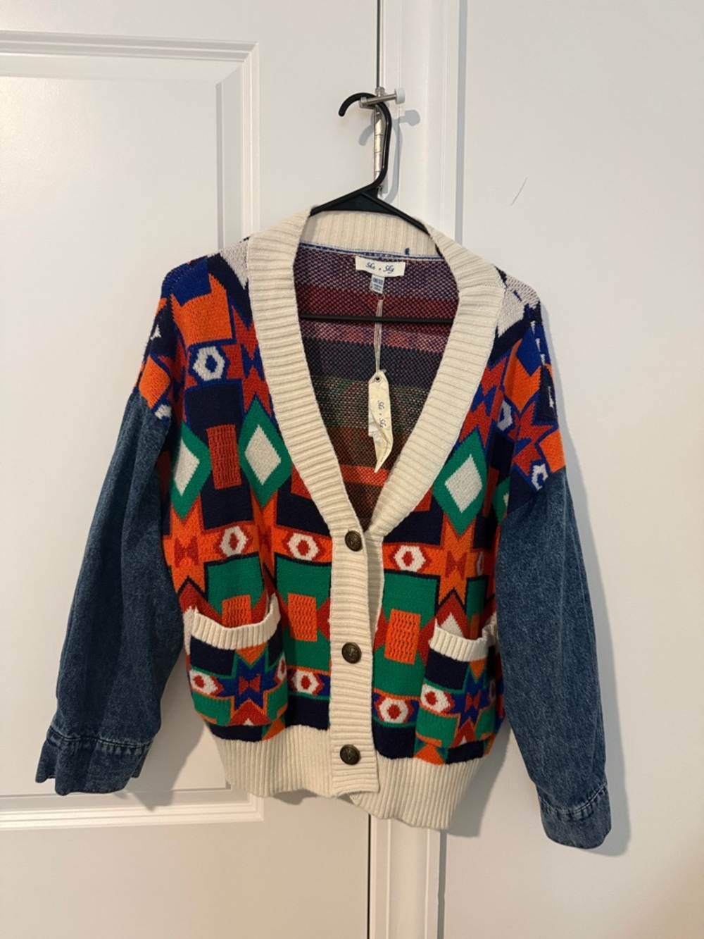 NWT She + Sky Colorful Aztec Knit Cardigan with Denim Sleeves